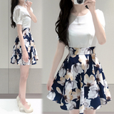 2016夏装新款韩版大码收腰短袖印花气质中长款雪纺连衣裙夏季女装
