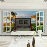 大型无缝壁画3D立体假窗地中海墙纸海景卧室客厅电视背景墙壁纸