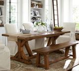 地中海餐桌美式乡村实木餐桌椅组合复古做旧 黑咖啡厅桌椅长方形