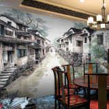 中国风山水画江南水乡墙纸无缝大型壁画火锅餐厅背景徽派建筑壁纸