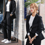 2016春装时尚潮休闲简约韩版双排扣两件套西服宽松西装套装女韩国
