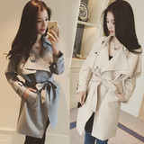 韩国代购2015秋冬装新款修身显瘦气质系带大衣女中长款风衣外套潮