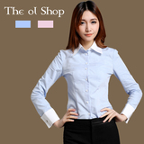 The ol Shop春秋法式翻袖 蓝色条纹衬衫 职业装修身女士长袖衬衣