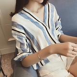 2016夏季新款韩版女装 休闲百搭宽松V领条纹七分袖雪纺衫衬衫上衣