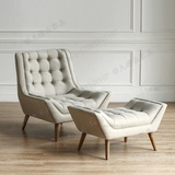 简约现代实木布艺沙发椅美式皮艺拉扣单人休闲椅脚凳创意休闲椅