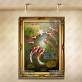 锦鲤鱼动物油画手绘欧式画客厅有框画玄关装饰画竖款 九鱼图TY959