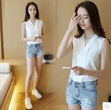 衬衫女2016夏季新款韩版女装无袖小衫V领雪纺衫白色胖mm打底衫
