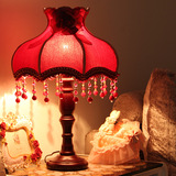 红色 新结婚房用台灯田园布艺卧室床头柜台灯暖光可调节亮度台灯