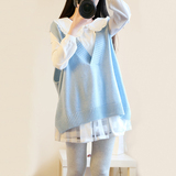2016韩版春季新款大码假两件毛衣马甲女装娃娃领甜美针织短款套装