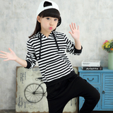2016韩版时尚春秋女童套装中大童休闲运动连帽儿童条纹布二件套