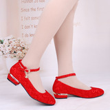 红色低跟结婚鞋新娘鞋绑带平底单鞋女士孕妇大码舒适婚礼婚宴红鞋