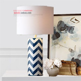 美式出口原单蓝色金色条纹圆柱陶瓷台灯奢华白色陶瓷设计师台灯