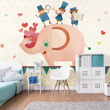 3d卡通大象墙纸 儿童房卧室床头背景墙壁纸 手绘可爱人物大型壁画