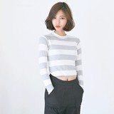 2016韩国春季新款短款漏肚脐纯棉横条纹长袖T恤 修身显瘦打底衫女