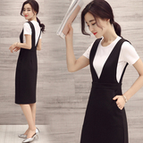 针织连衣裙长裙女夏背带裙中长款韩版女装学生短袖两件套套装裙子