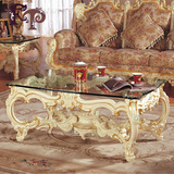 法式浪漫家具欧式实木雕刻长方茶几 玻璃面实木雕花彩绘小咖啡桌
