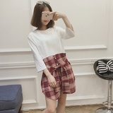 2016夏季韩版新款白t恤拼接格子衬衫假两件连衣裙女a字短裙K304g
