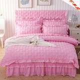韩式花边荷叶边加厚夹棉床裙四件套1.8m床纯粉红色公主风被套单件