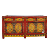 西藏古典金黄手工彩绘实木4屉四门餐边柜红色 明清仿古家具佛供桌
