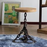 美式乡村铁链创意餐桌圆凳子老榆木面风化纹 铁艺个性家具可定做