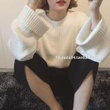 2016秋季新品韩版女装宽松复古竖条纹加厚喇叭袖套头毛衣 大袖子