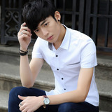 夏季流行衬衫修身青年纯棉时尚潮寸衫韩版男装短袖印花薄半袖衬衣