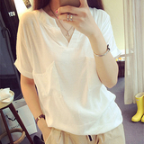 2016夏装新款女装韩版简约休闲亚麻V领短袖棉麻白色衬衫宽松上衣