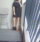韩国订单 版型超好小黑裙复古撞色翻领短袖小香风修身气质连衣裙