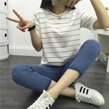 夏季短款中袖女士T恤韩版宽松圆领薄款纯棉上衣条纹花边短袖小衫