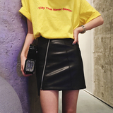 2016夏季韩版黑色高腰斜拉链皮裙修身包臀裙女半身裙不规则短裙子
