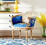 法式新古典美式田园样板房定制实木手工雕花蓝色布艺单人沙发单椅
