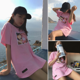 2016春夏新款韩版宽松休闲百搭粉色卡通图案印花圆领套头上衣T恤