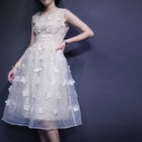 夏季欧根纱蓬蓬连衣裙无袖中长款3D立体花朵长裙修身显瘦A字裙子