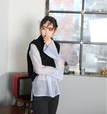 韩国 春夏女人味气质褶皱喇叭袖衬衫 性感透视长袖衬衫女の上衣