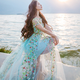 重工刺绣花朵镂空蕾丝连衣裙短袖超大摆长裙泰国必备海边度假裙子