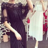 2016夏装新款女装韩版修身气质假两件仙女裙雪纺长裙短袖连衣裙女
