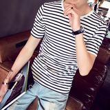 夏季男士短袖T恤男生圆领韩版修身条纹薄款日系潮牌半袖男装小衫