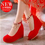 春季新款女鞋红色结婚鞋厚底高跟单鞋新娘鞋坡跟婚礼鞋孕妇红鞋子