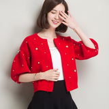 15秋冬新款韩版时尚女装短款羊绒针织毛衣开衫钉珠灯笼袖披肩外套
