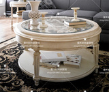 法式白色做旧圆形茶几欧式镂空雕花实木咖啡桌双层储物会客桌子