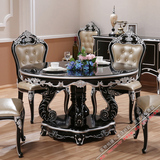 欧式新古典实木圆形餐桌橡木圆桌复古餐桌椅组合6人饭桌黑色描银