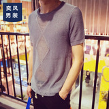 韩国夏季时尚镂空短袖T恤男个性透视开衫潮男针织衫圆领修身上衣
