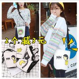 韩国纯色卡通可爱学院风帆布百搭软妹原宿学生女斜挎包小包水桶包