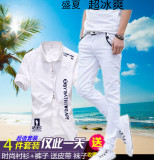夏季新款韩版修身男士短袖衬衫衣青少年学生牛仔裤纯白休闲套装潮