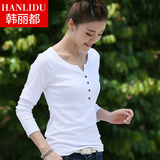 秋季新款韩版长袖T恤上衣修身V领薄款纯棉女装纯白色体恤打底衫潮