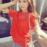 2016夏季新款韩版镂空钩花蕾丝上衣短袖百搭蕾丝衫显瘦宽松罩衫女