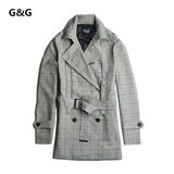 外贸男休闲风衣G&G正品剪标中长款风衣春款英伦大衣格子灰色
