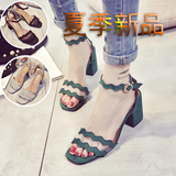 韩版低跟高跟鞋网状透气夏季新款欧美风粗跟一字型搭扣女凉鞋