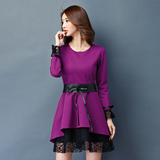 2016新款韩版时尚女装修身蕾丝针织钉珠长袖连衣裙女显瘦大码收腰