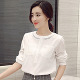 2016春装新款女装韩版圆领白色长袖雪纺衬衫修身宽松镂空上衣女潮